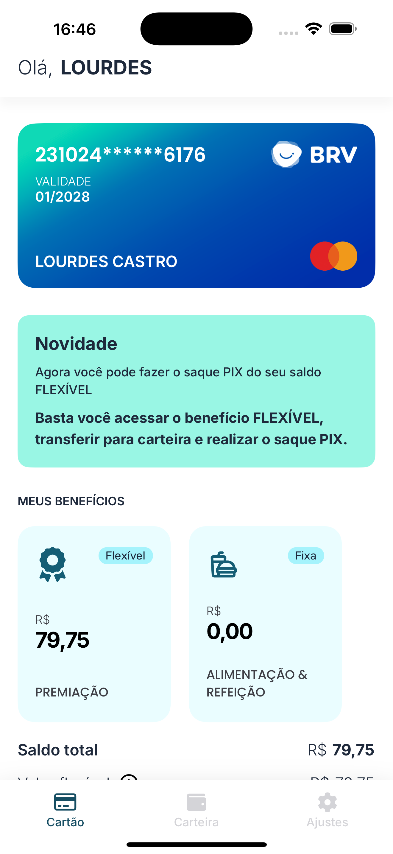 Tela do BRV Benefícios com cartão e saldos por categoria