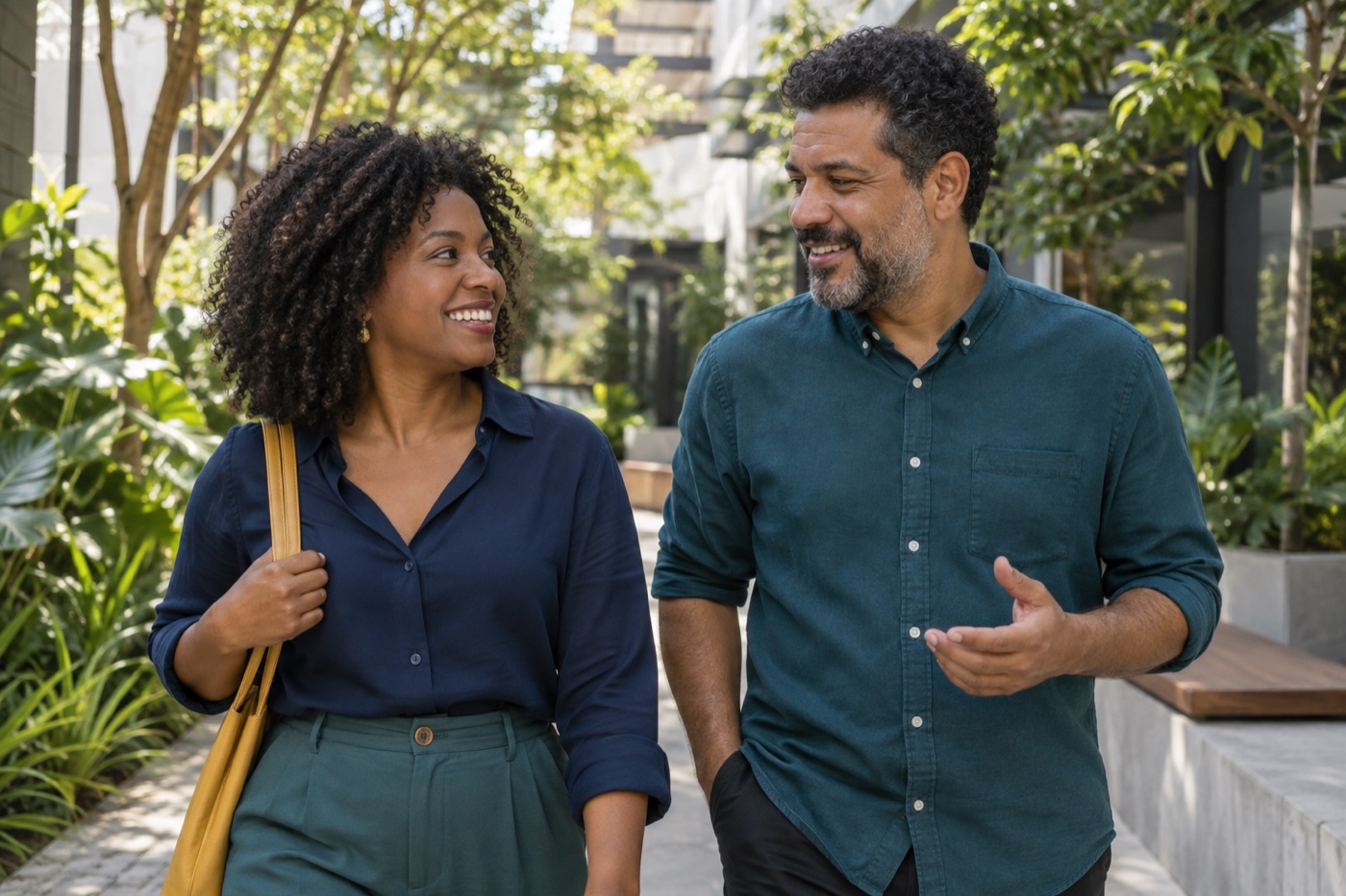 Duas pessoas conversando durante uma caminhada em um jardim